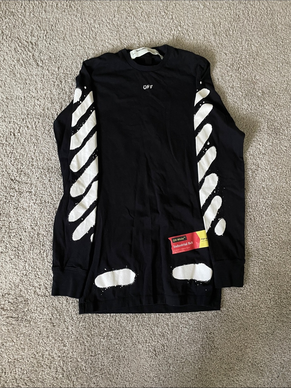 Off-White Black Crewneck Sweater with White Diagonal Stripe Graphics